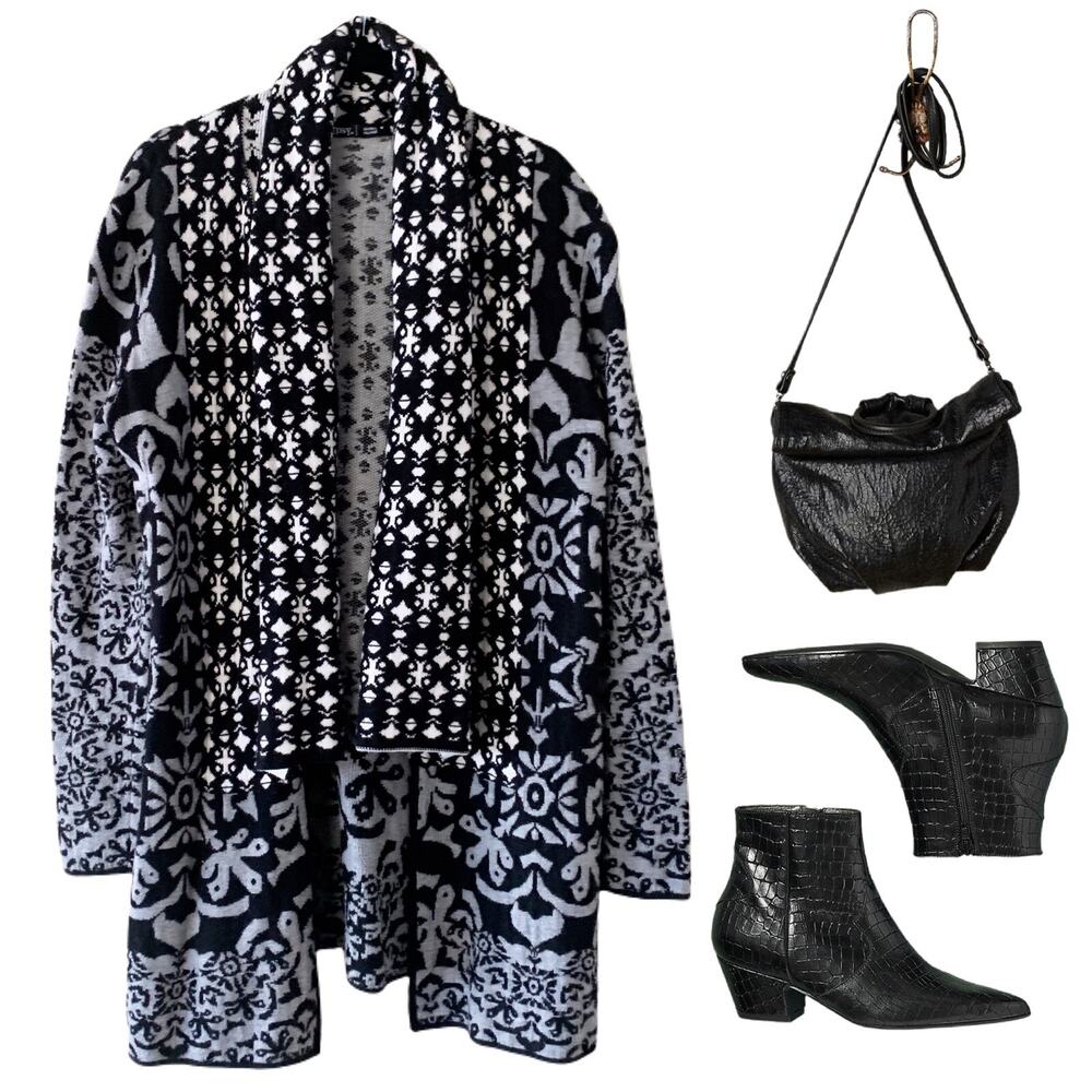 GYPSY05 ORVIETO DRAPE BLACK GRAY WHITE GYPSY SWEATER CARDIGAN SZ M $225